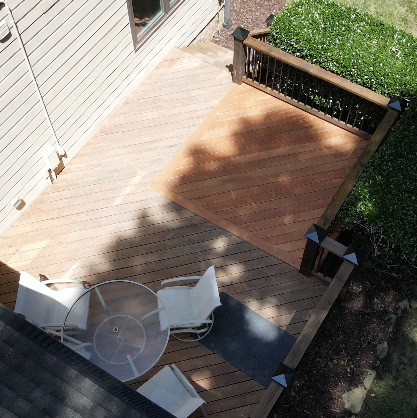 Overhead shot of the finished redwood stained deck